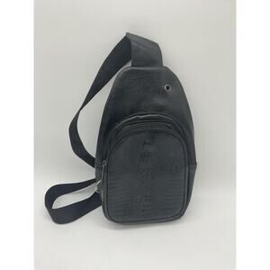 Black Faux Leather Sling Backpack Crossbody Chest Bag Unisex Zip Pockets